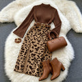 cross-border fashion women's elegant commute round neck flare long sleeve coffee leopard print midi skirt set