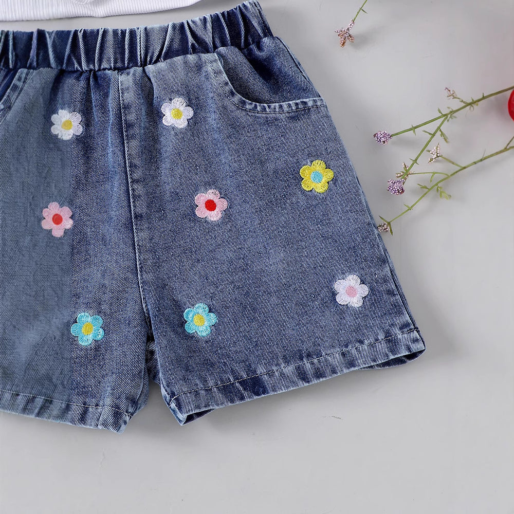 Children's clothing  cross-border european and american girls summer sling stereo flower jeans set
