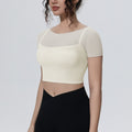New arrival: solid color mesh double-layer breathable faux two-piece short sleeve top - perfect for casual wear, sports, running, fitness, and yoga