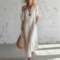 cross-border fashion summer women's solid color loose shoulder retrolong cotton and linen dress