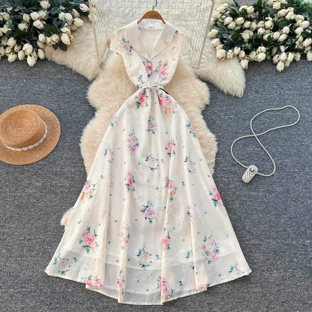 French retro floral sleeveless dress - women's summer v-neck, slimming a-line maxi dress, vacation style - blue