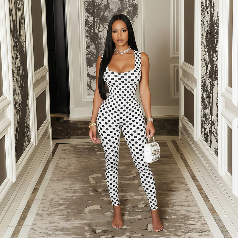 European and american style foreign trade black and white polka dot women's slim-fit printed sporty jumpsuit - figure-flattering wrap-bust trendy bodysuit