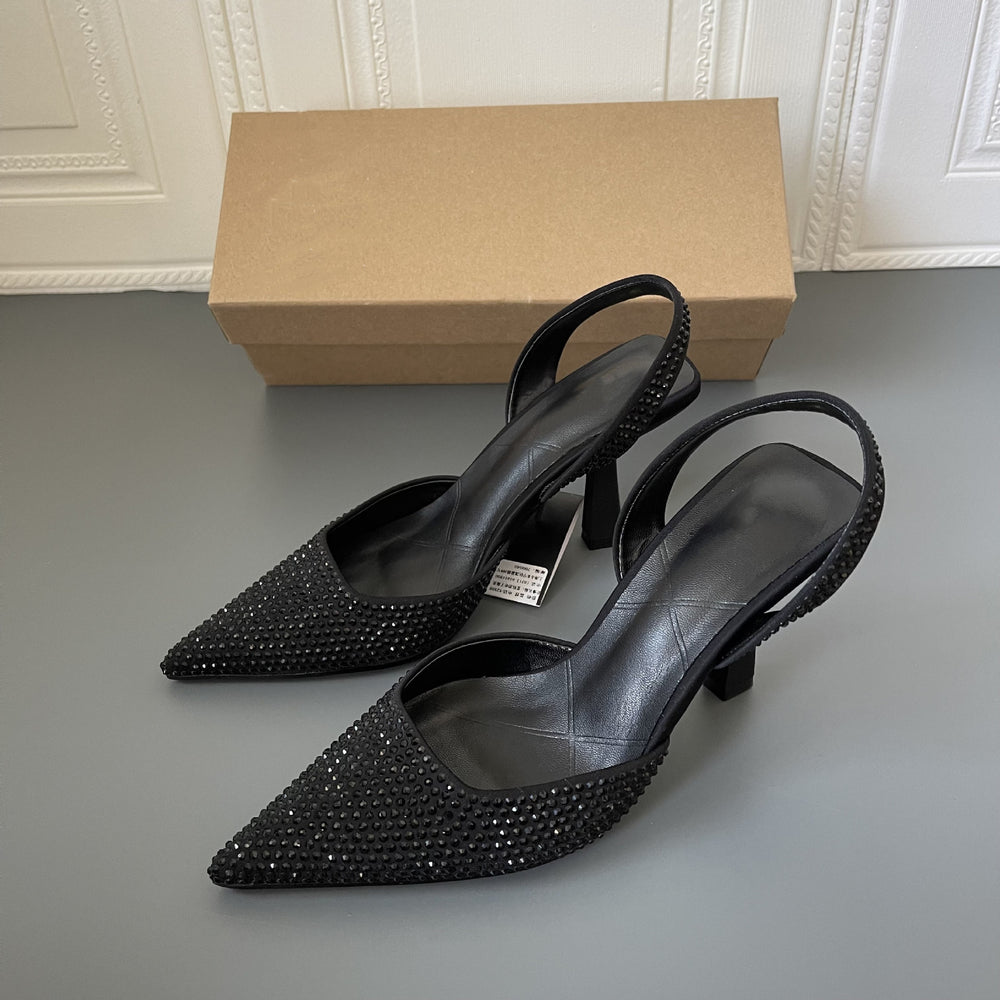 Z's 2026 spring new pointed-toe mules, black rhinestone sexy high heel women's sandals