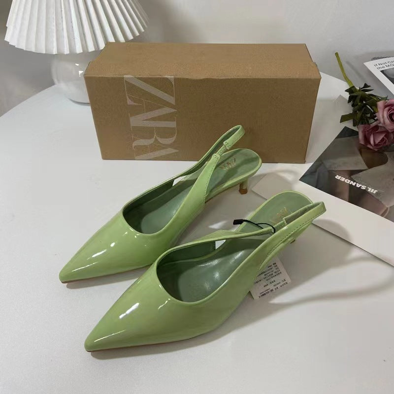 Za summer new women's shoes 2024 brown french chic open-back high heel mules low-mid heel pointed toe sandals