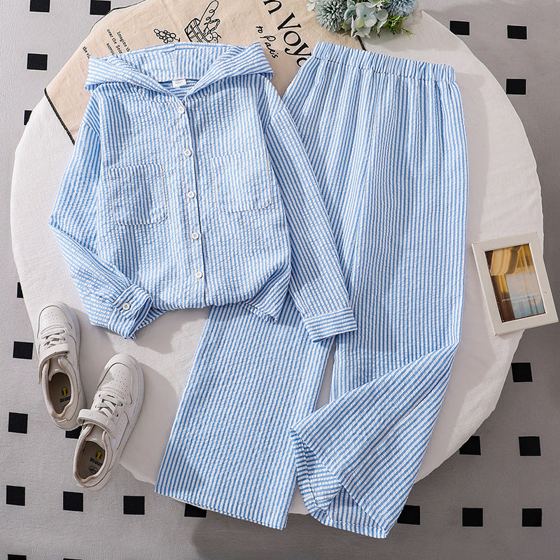 Girls' outfit set:  spring/summer new style - chic striped long-sleeve shirt & casual pants - kids' sun protection two-piece set
