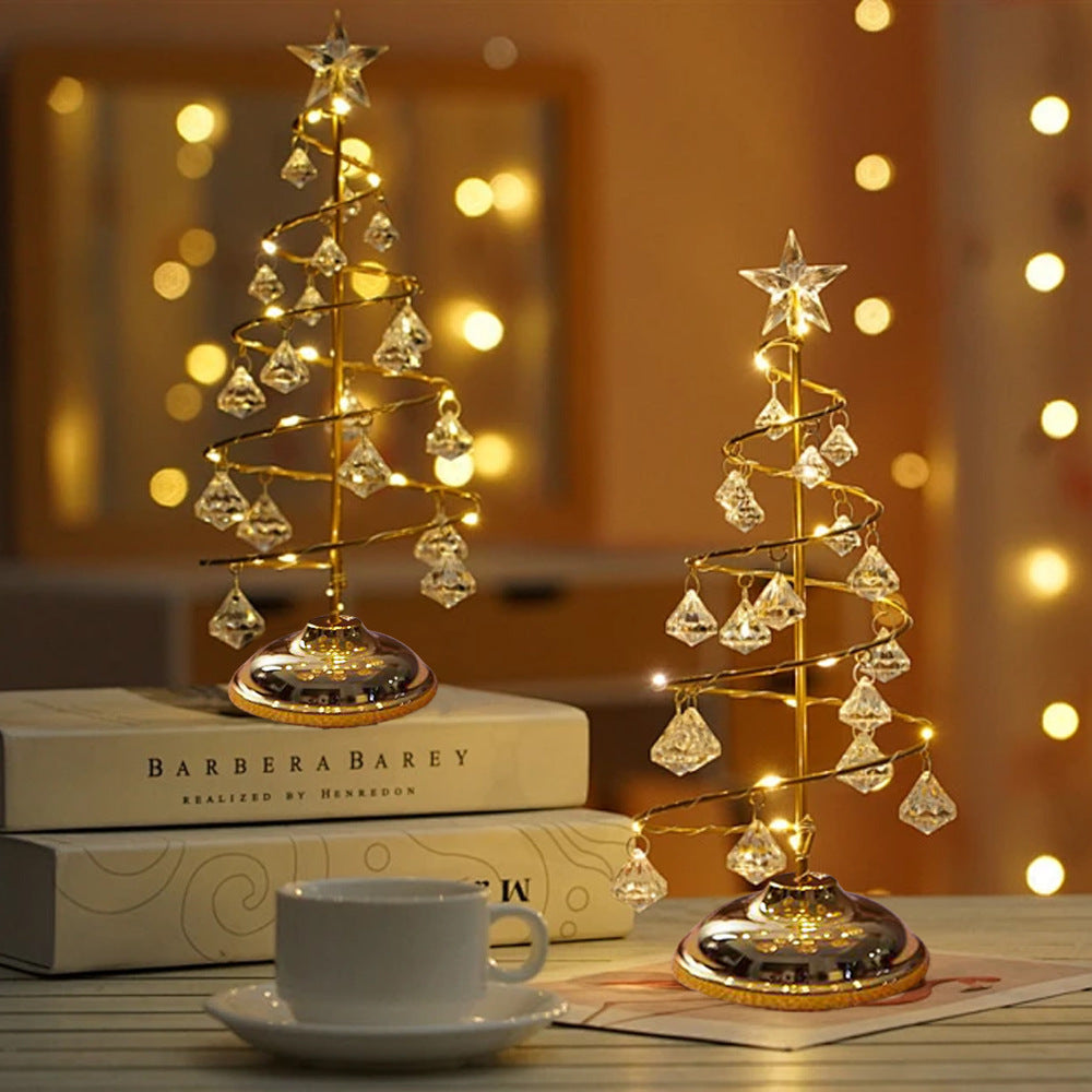 Crystal Christmas Tree Light Christmas Ornament Gift Wrought Iron LED Luminous Table Tabletop Ornament Night Light