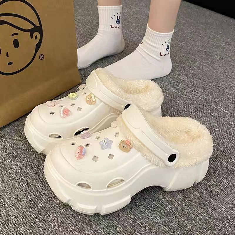 Fleece-lined crocs women's winter 2025 internet celebrity popular shoes heattech thick solenon-slip detachable outwear heightening cotton shoes