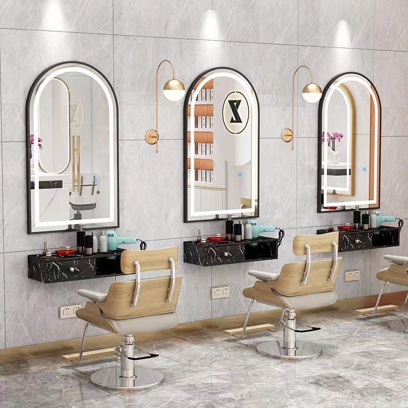 Influencer-approved barber shop mirror table, salon wall-mounted minimalist hairdressing mirror, touch-control led hairdressing mirror