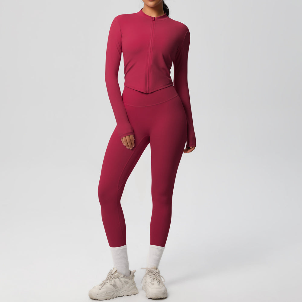 Ready-to-ship cross-border solid color double-sided brushed naked feel outerwear long sleeve set - compression running, fitness, and yoga two-piece outfit