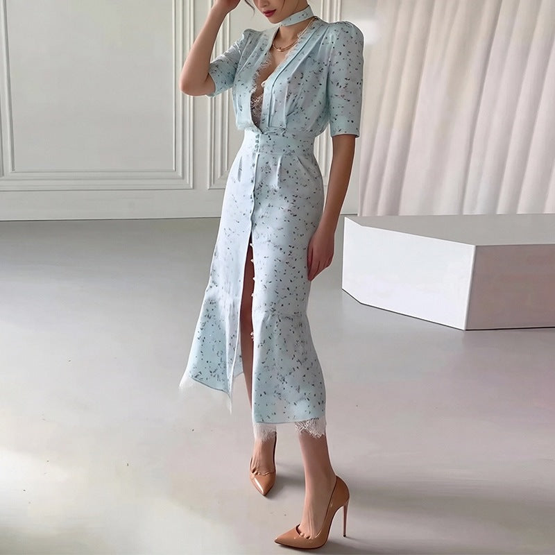 summer new arrivals: cross-border fashionable european and american women's clothing - elegant v-neck printed lace patchwork dress