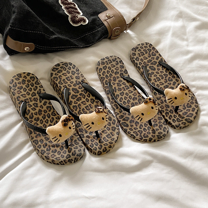 Cartoon new arrivalcute leopard print flip-flops inssummer home foreign trade flat bottom casual beach sandals women