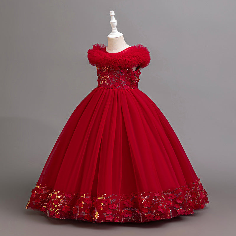 export girls' formal dress with lace and mesh – perfect for piano recitals, festive celebrations, and elegant hostess outfits – wholesale available
