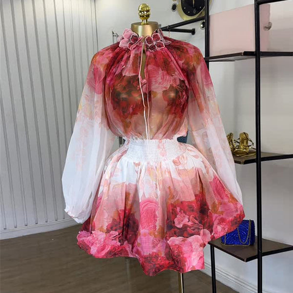 European and American  women's clothing 2025 autumn new temperament oil painting flower bubble sleeve shirt high waist skirt set