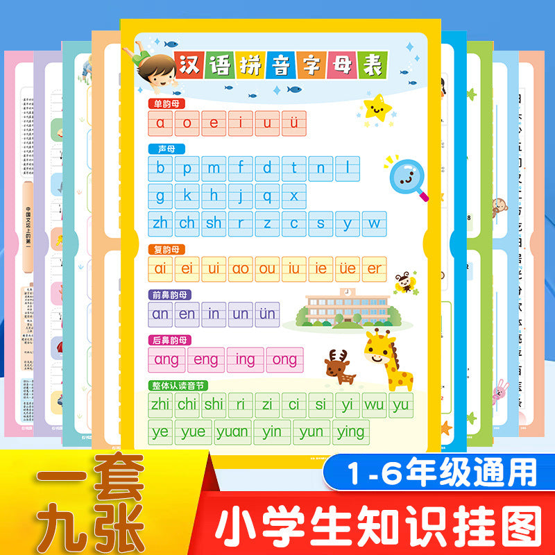 Nine knowledge wall charts for early childhood education, covering math, chinese, and english. high-definition wall stickers suitable for both preschool and elementary school learning