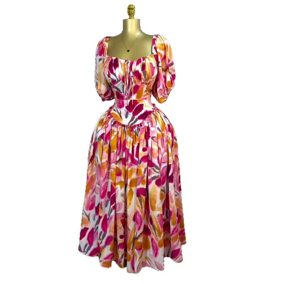 export spring/summer new arrival: elegant camisole bandeau dress with cinched waist and flowy maxi skirt, printed women's dress