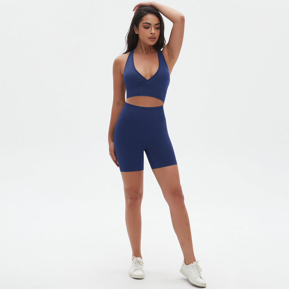 seamless knitting high-elastic tight sexy yoga suit cross-shaped back running fitness two-piece set
