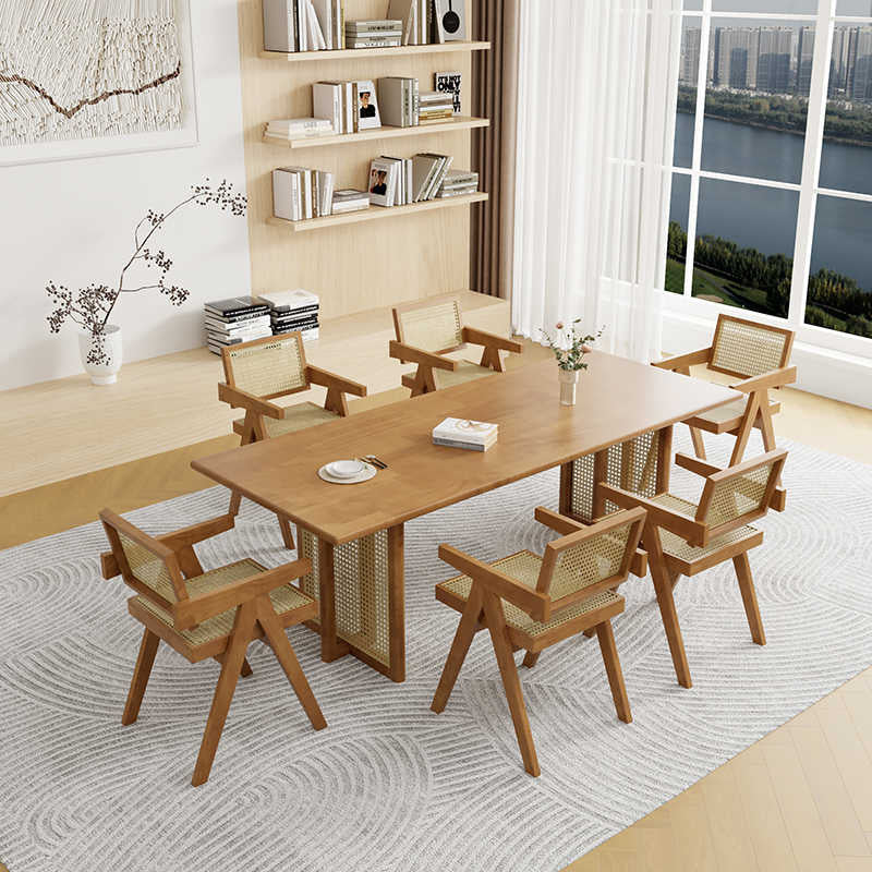 Japanese solid wood dining table for home small apartment wabi-sabi style rattan dining chair table rectangular scandinavian dining table and chair combination