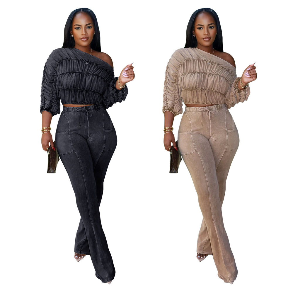 C7568 cross-border   fashion women's distressed one-shoulder pleated flared casual pants set