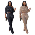 C7568 cross-border   fashion women's distressed one-shoulder pleated flared casual pants set