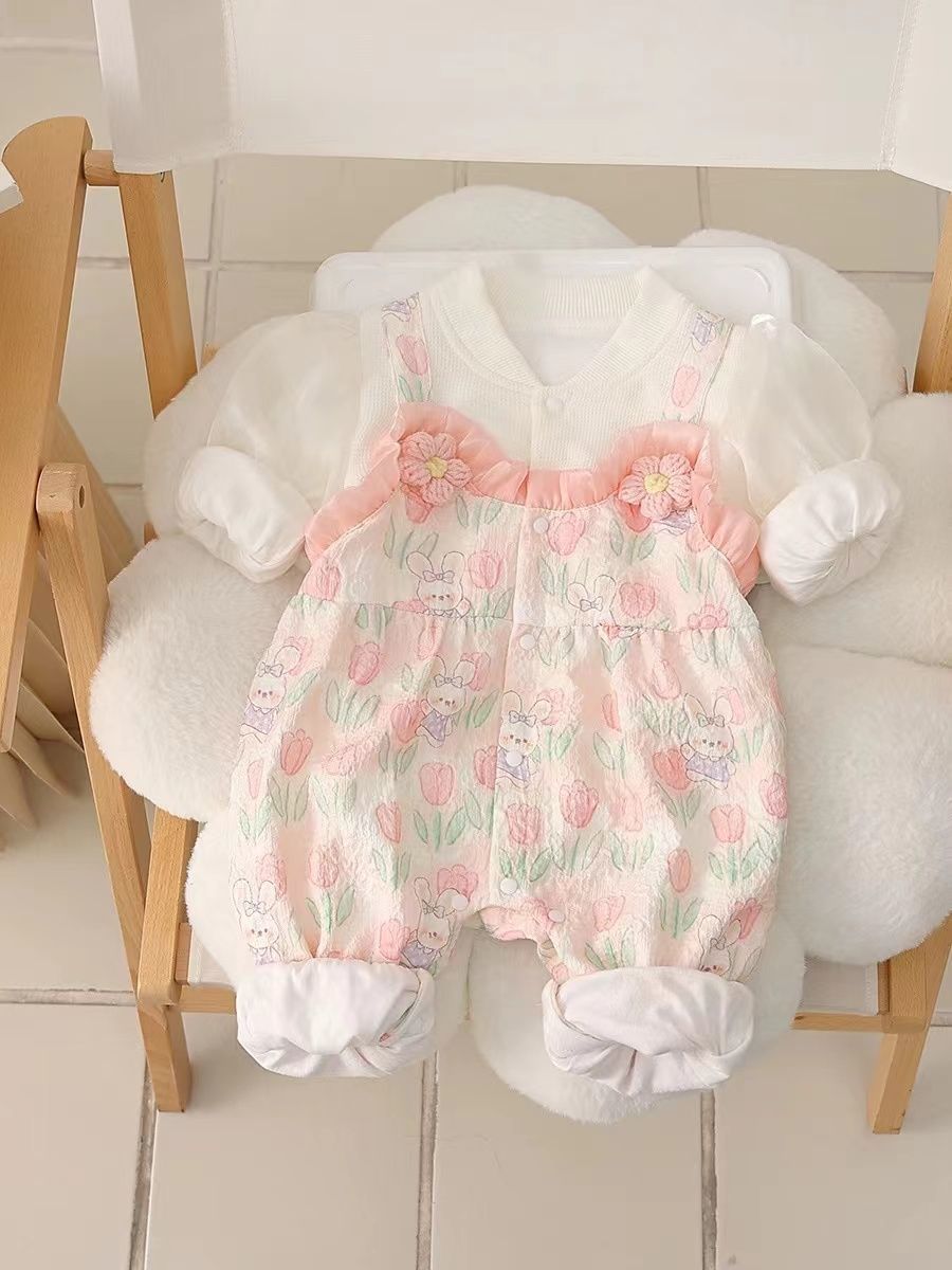 Baby full month & 100-day celebration romper - spring/autumn infant outfit - super cute princess style, double-layered, perfect for outdoor wear