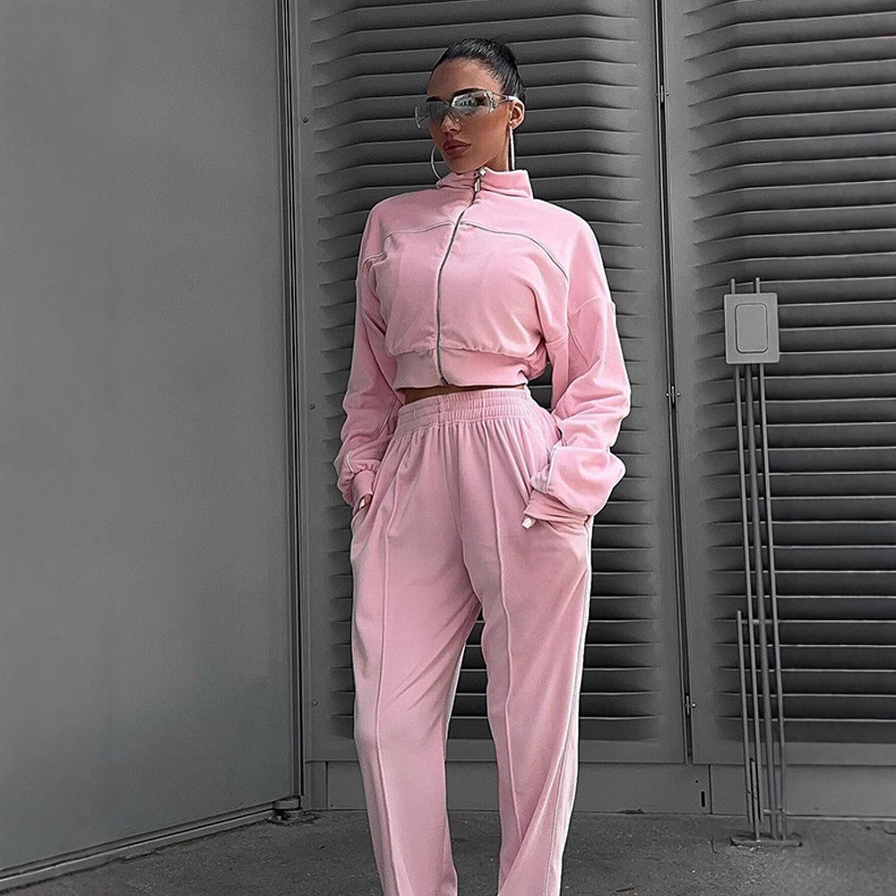 European and American  fashion sports suit women's street style long-sleeved cardigan trousers two-piece casual jacket set