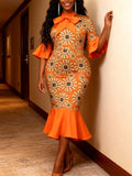 fashion daisy print dress - bow accent, flared sleeves, slim fit mermaid tail evening gown