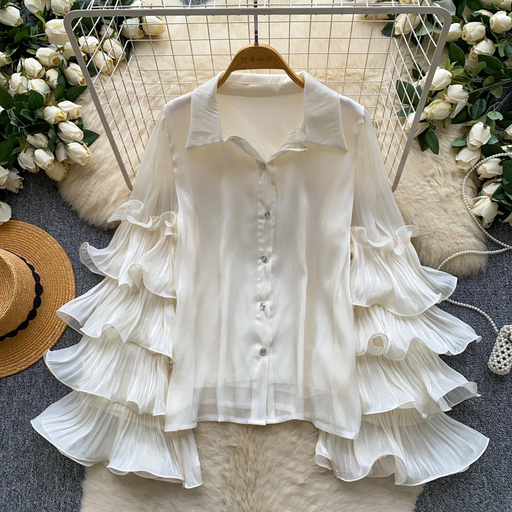 French romantic ruffle bell sleeve blouse - elegant, versatile, and chic work top - unique and high-end shirt