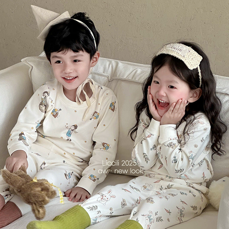 Kids' thermal underwear set - boys' and girls' autumn/winter warm base layer loungewear - soft fleece cotton seamless pajamas