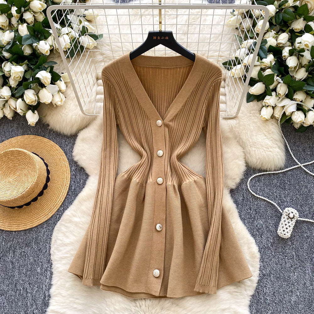 French style women's high-end v-neck metallic buckle waist-defining long sleeve knit dress - autumn/winter slimming chic sweater dress