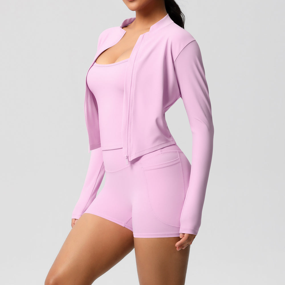 new nude feel tank top outdoor casual compression fitness set with pocket shorts and yoga outfit - 3 piece sports set