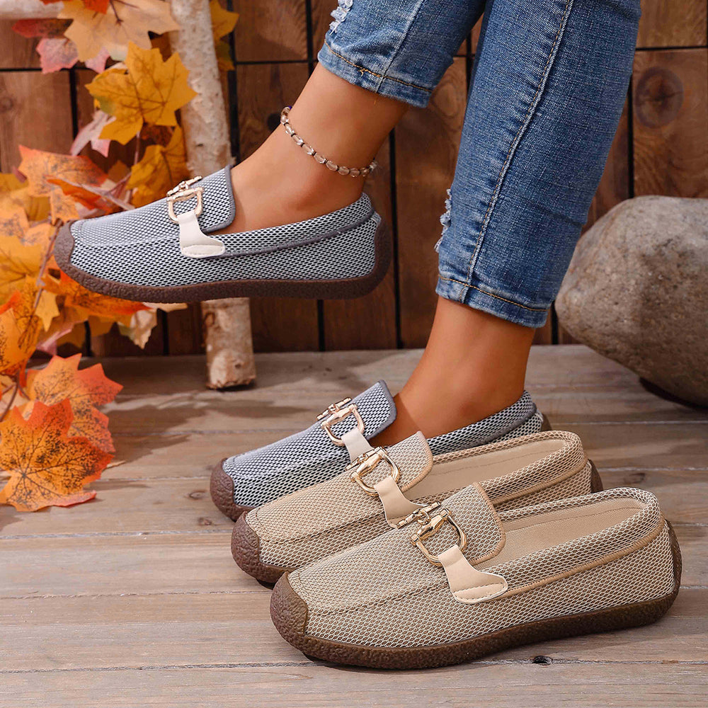 Amazon fashionplus size loafers spring & fallnew arrival round toe metal buckle plaid slip-on flats for women  dropshipping