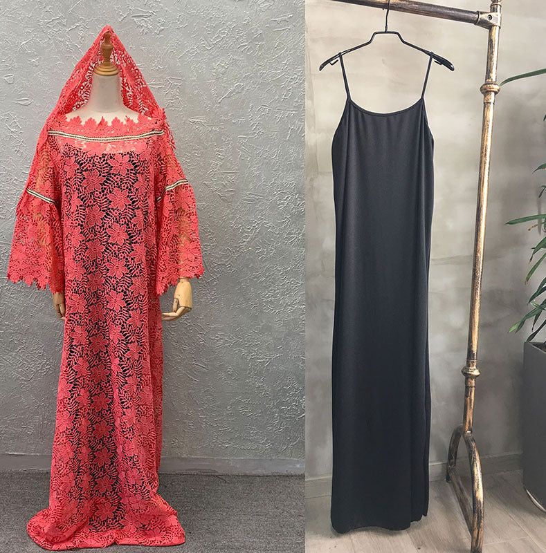 Special offer: african women's lace loose plus size robe dress with flared sleeves, fashionable long dress with matching headscarf
