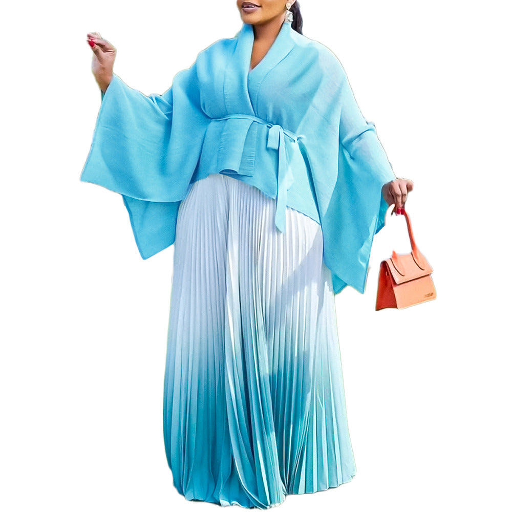 D536 african women's  autumn plus size fashion elegant batwing sleeve top gradient midi skirt two-piece set
