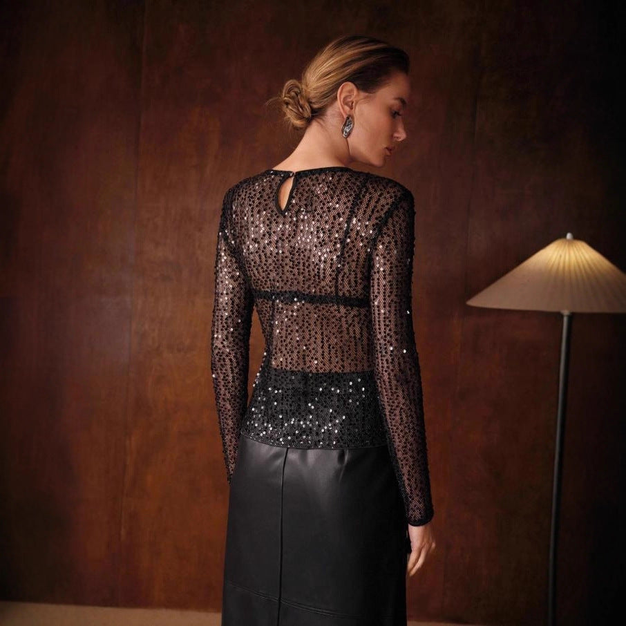 european and american cross-border new arrival: mesh-trimmed, sequined black lace slim-fit long-sleeve top