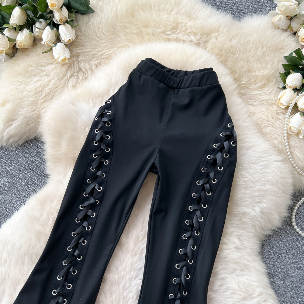 K-style high waisttie backelegant style big bell pants women's spring summer black slimming lookmopcasual pants sense of design