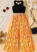 european and american style cross-border girls' solid color tank top + wide-leg pleated pants set with belt for older girls