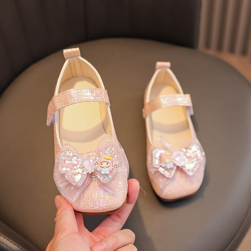 Preppy stylekidsflats square toe springnew arrivalk-style big bowsgirl princess shoes children's leather shoes