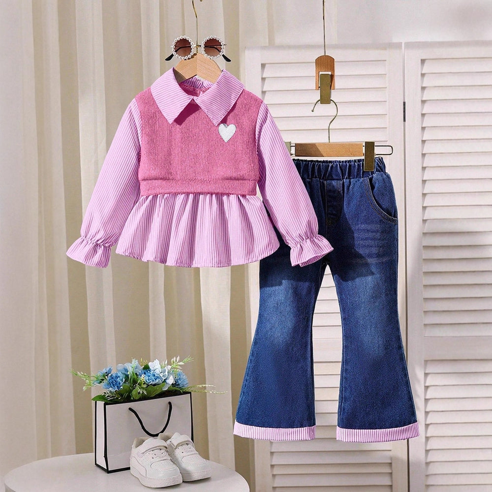 new autumn cross-border girls' collared shirt with patchwork top + denim flare pants two-piece set