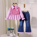 new autumn cross-border girls' collared shirt with patchwork top + denim flare pants two-piece set
