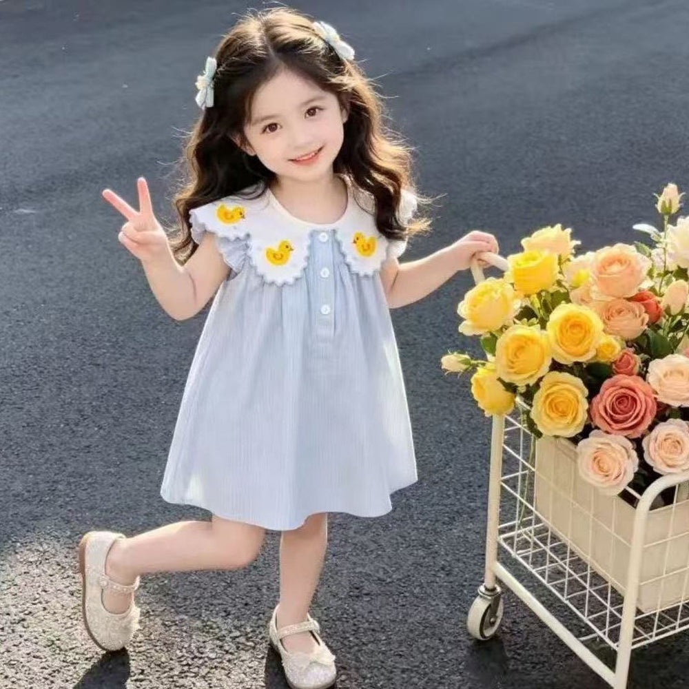 Summer girls' sweet princess dress, baby girl doll collar dress, lightweight infant outing cute cartoon dress