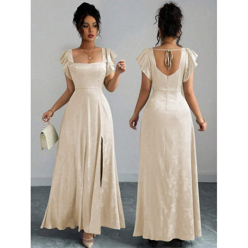fashionsummernew arrival square collar ruffle sleeves waist slimming lookelegance jacquard slit dress for women