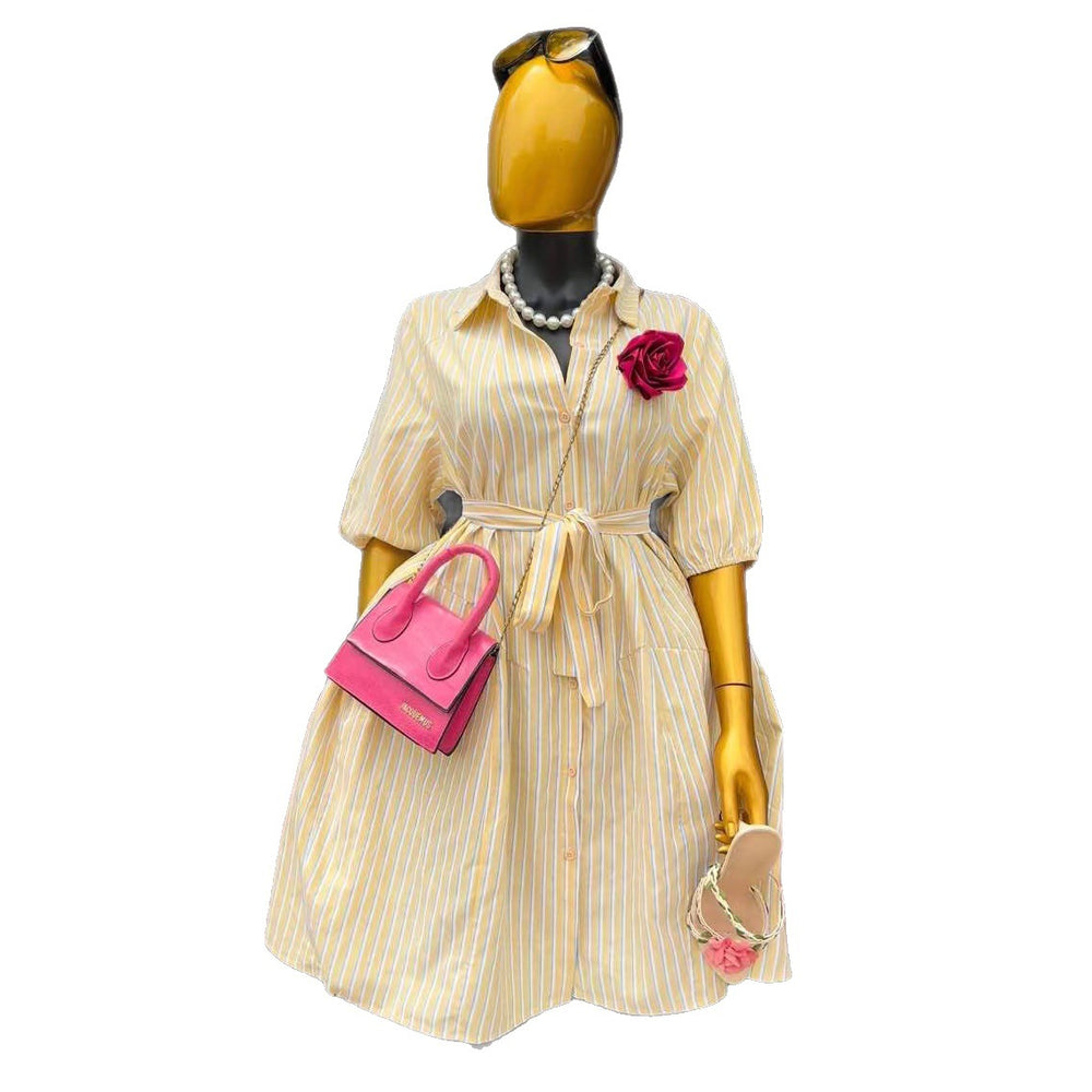 European and american cross-border women's fashion:  summer new arrival - elegant yellow striped bubble sleeve tie-waist dress