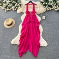 Vacation style blue halterbacklessdress women's summer high waist a-line long skirt elegantwork clothingasymmetrical large skirt