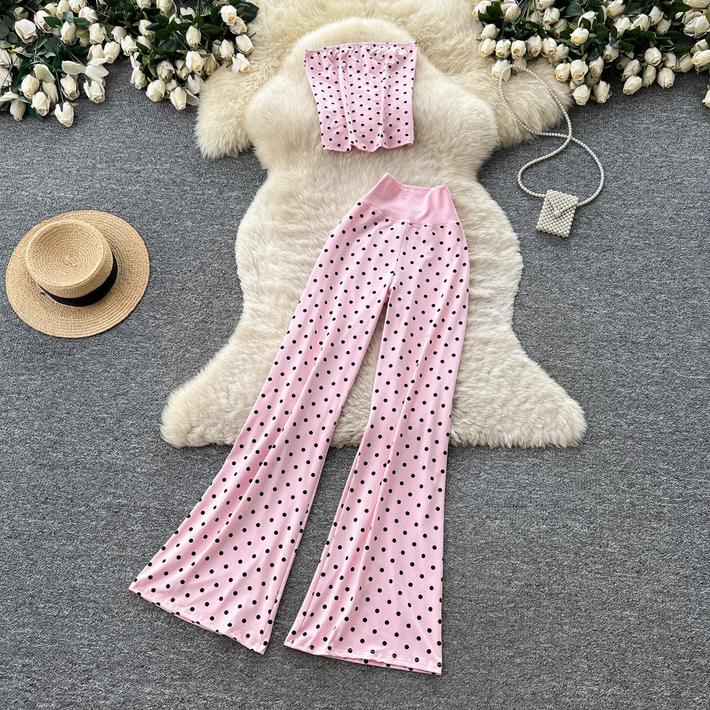 K-style high waist polka dot casualcasualtwo-piece set female summer lazy style slimming look silmsuitelegant outfit
