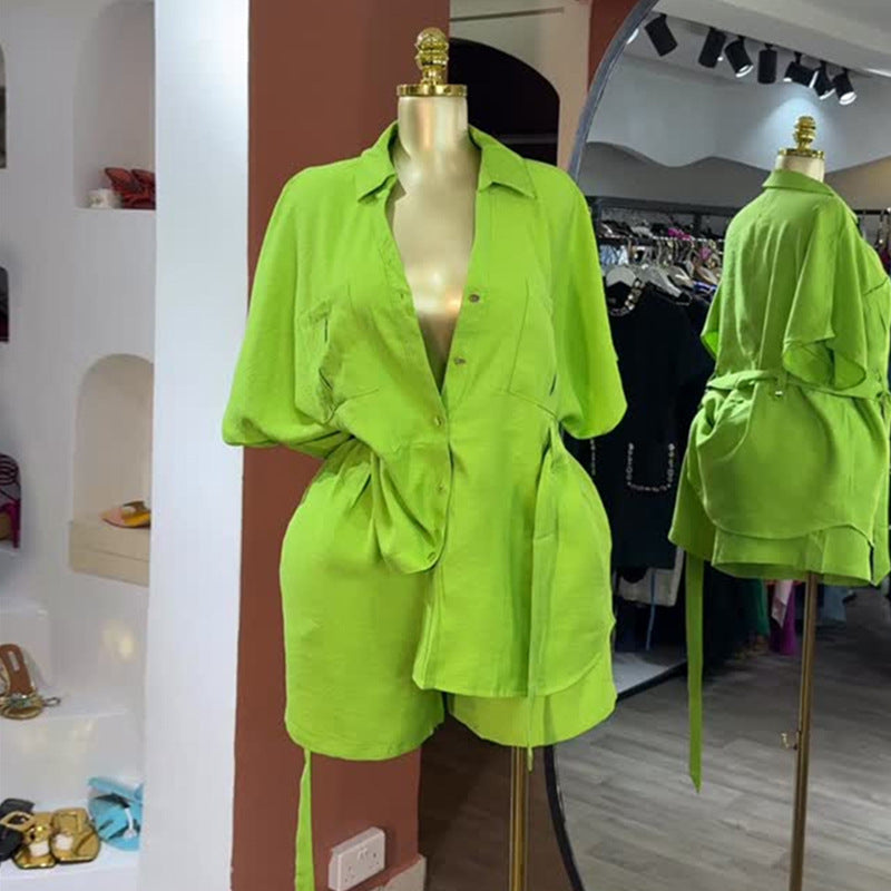 European and american cross-border women's fashion  autumn new arrival: casual turn-down collar loose tie-waist short sleeve shirt and wide-leg shorts set