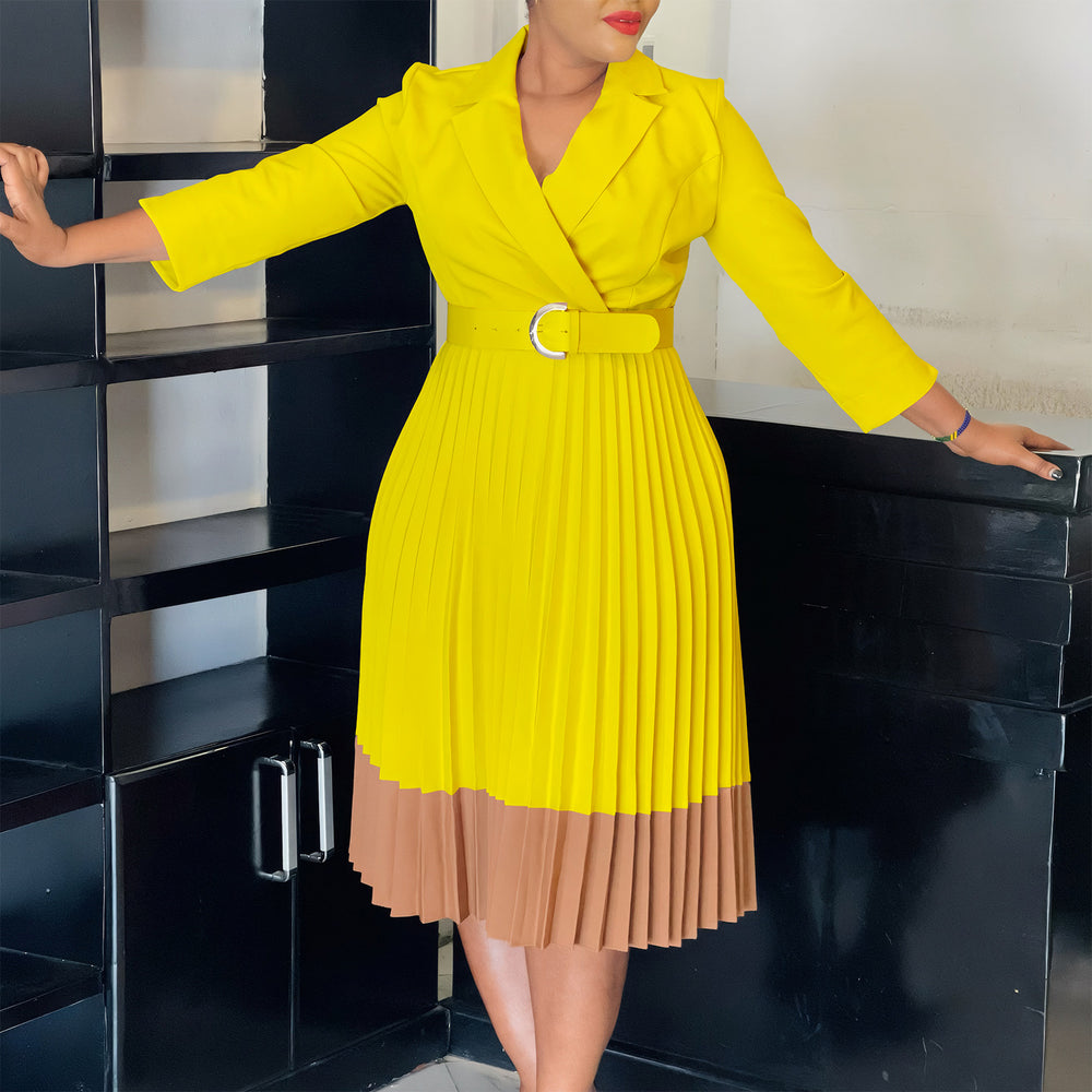 D3318  cross-border women's spring blazer collar fashion color block ol elegant pleated high waist african dress