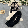 High-end fashionablecontrast colorprinting round neck long sleevesknittingcardigansweater women's high waistloose pantsautumsuit