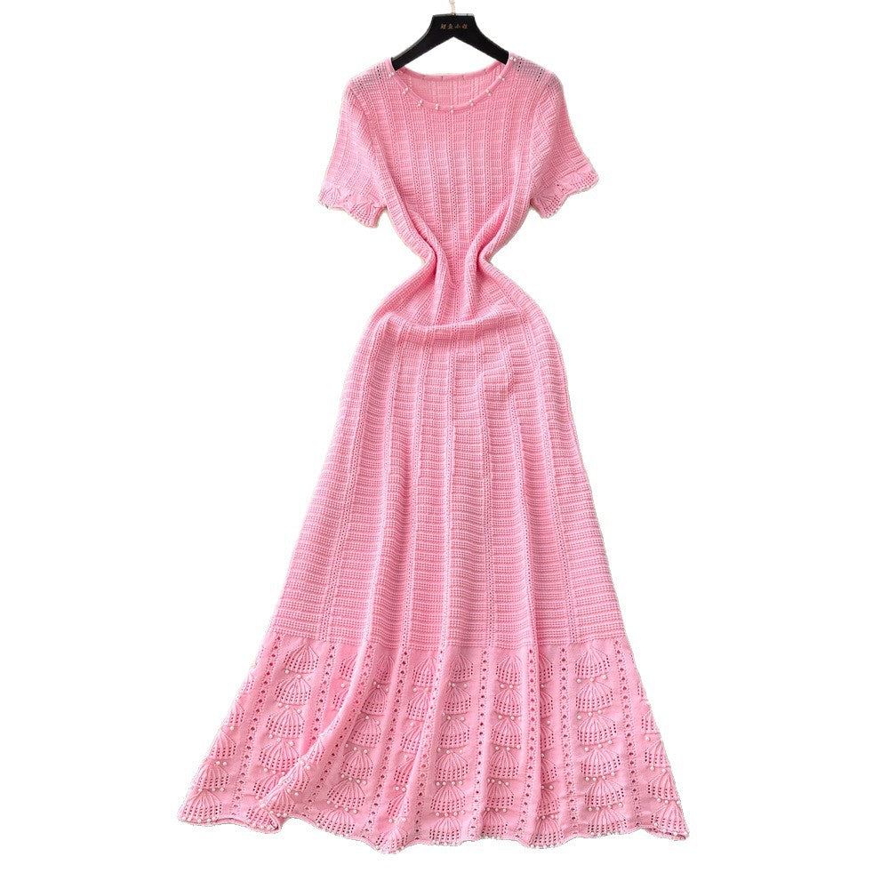 French chic high-end beaded round neck short sleeve hollow-out knit dress - women's slimming waist sweater dress