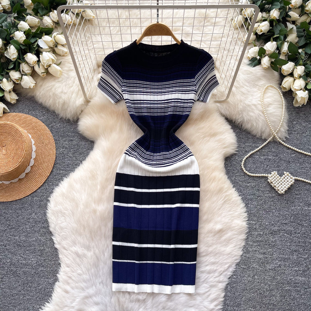 Korean style color block striped knit dress - women's 2026 summer slim fit short sleeve a-line dress - commute chic