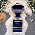 Korean style color block striped knit dress - women's 2026 summer slim fit short sleeve a-line dress - commute chic